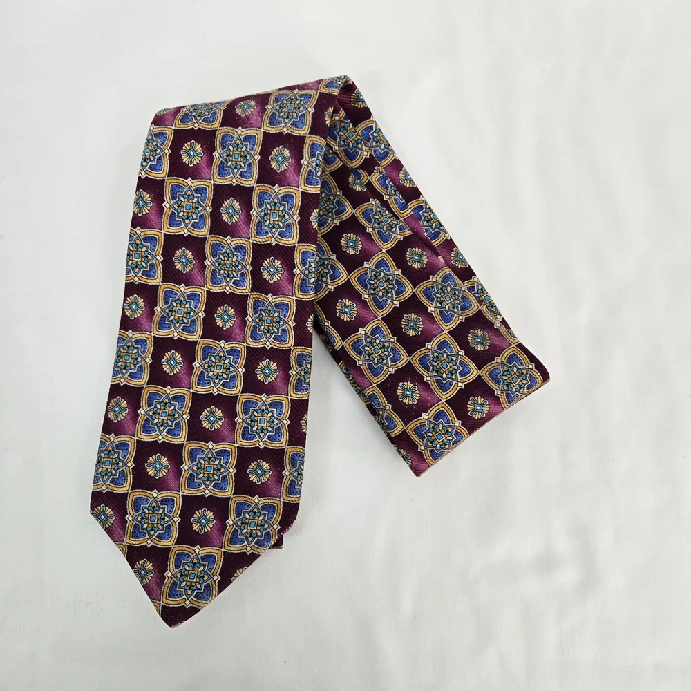 Robert Talbott Best of Class Burgundy Blue Geometric Floral 100% Silk Career Tie